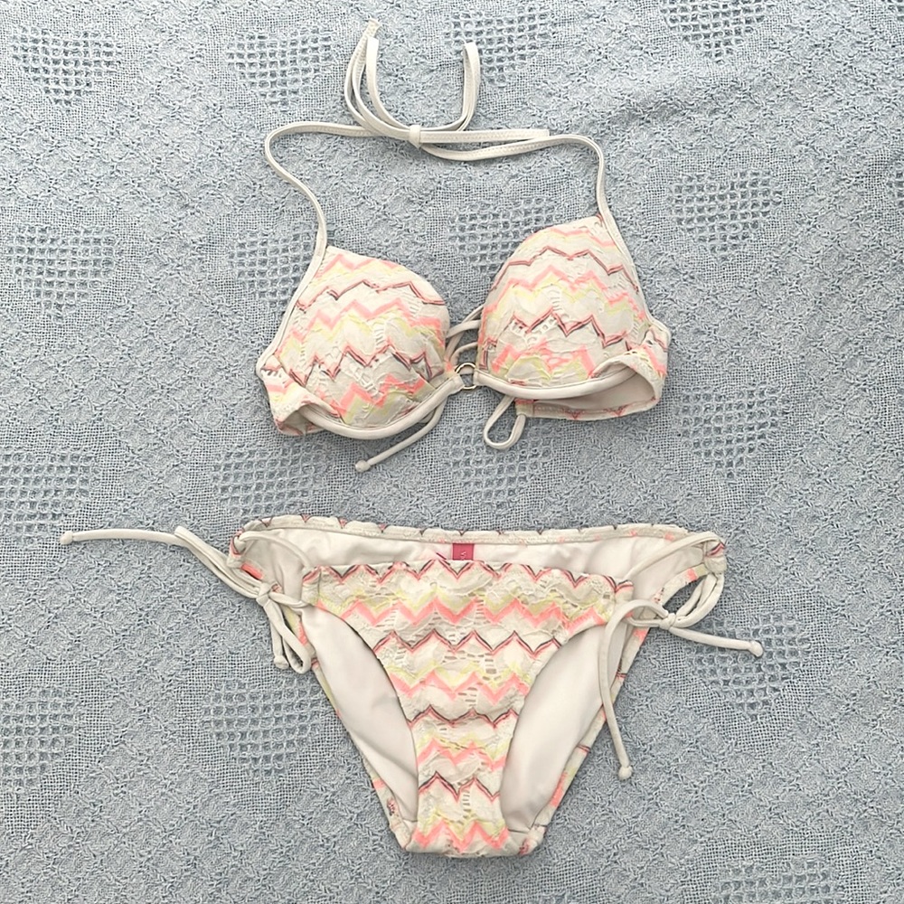Victoria Secret Swim Bikini Set- White with Neon Zigzag pattern